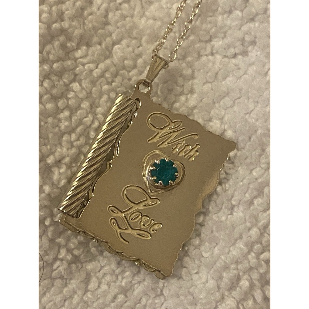 Avon Sterling 925 Book Pendant Charm With Green Stone Rare  "With Love" 3D